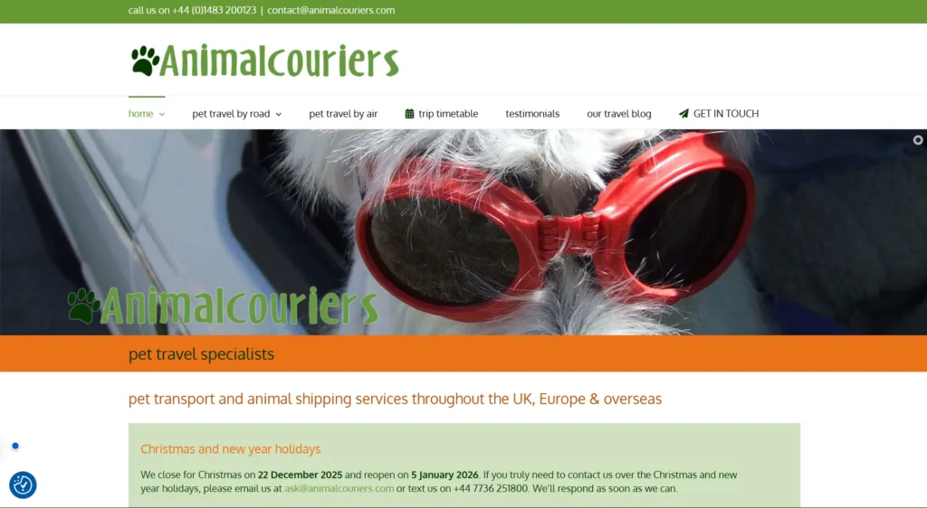 This image is a homepage snippet of Animal Couriers - a trusted name in International Pet Relocation in London.