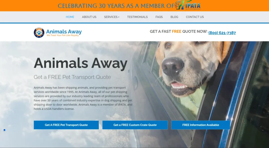 This image is a homepage snippet of Animals Away - a reputable International Pet Relocation service in London.