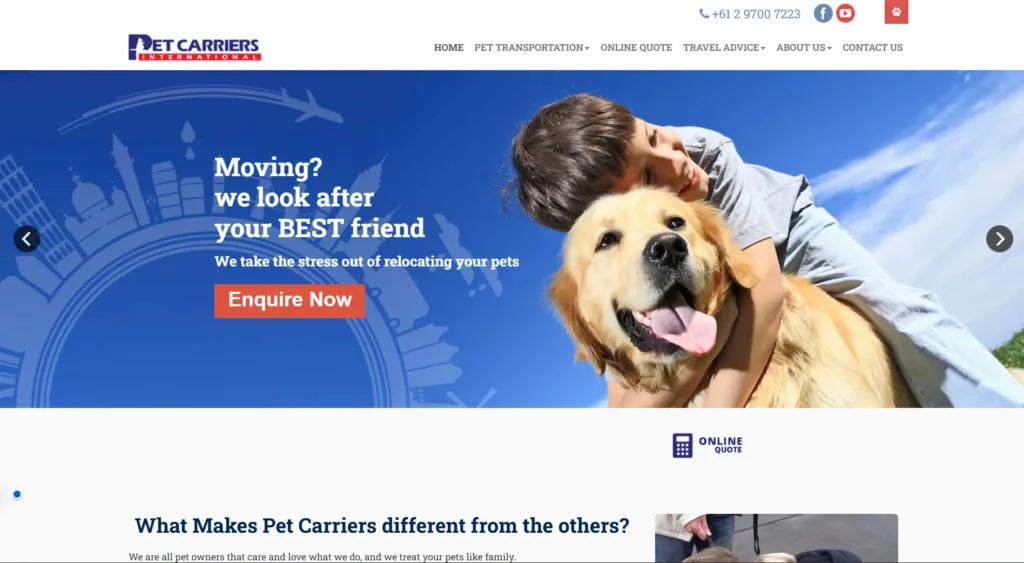 This image is a homepage snippet of Pet Carriers - a leading International Pet Relocation service in London.