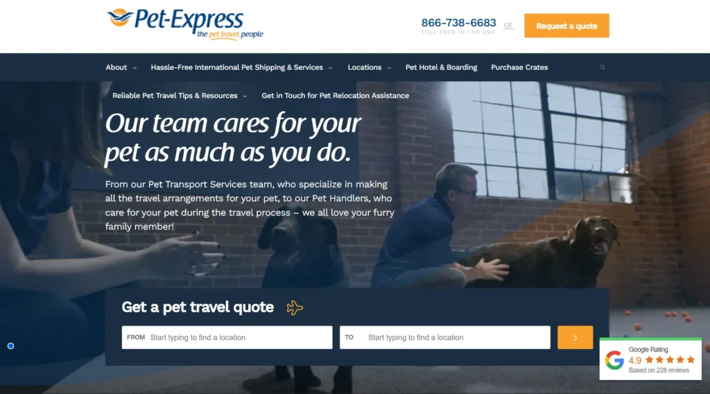 This image is a homepage snippet of Pet Express - a trusted emergency pet transport company.