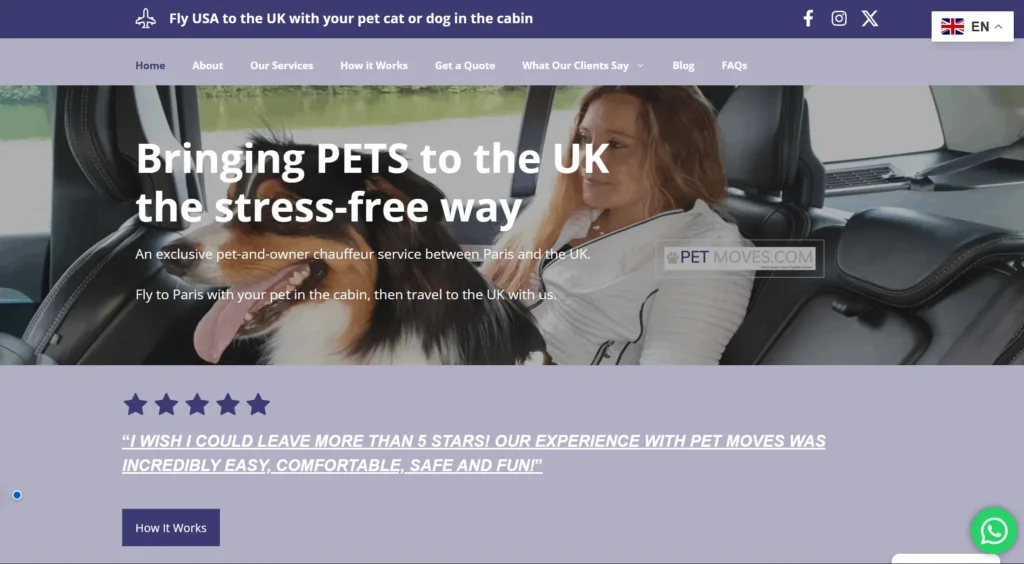 This image is a homepage snippet of Pet Moves UK - a reputable International Pet Relocation service based in London.