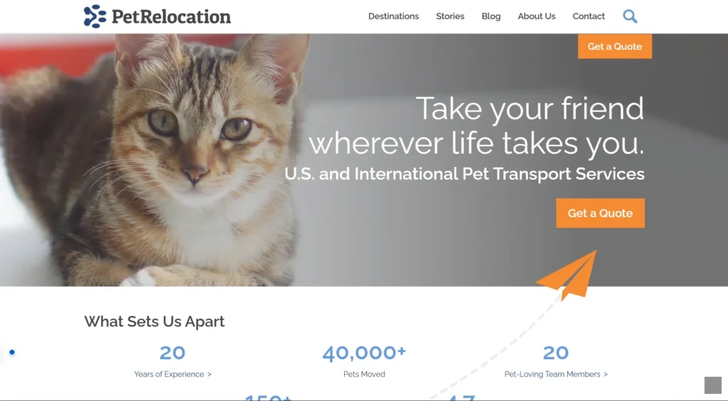 This image is the homepage snippet of  PetRelocation - a trusted name in emergency animal transport services.