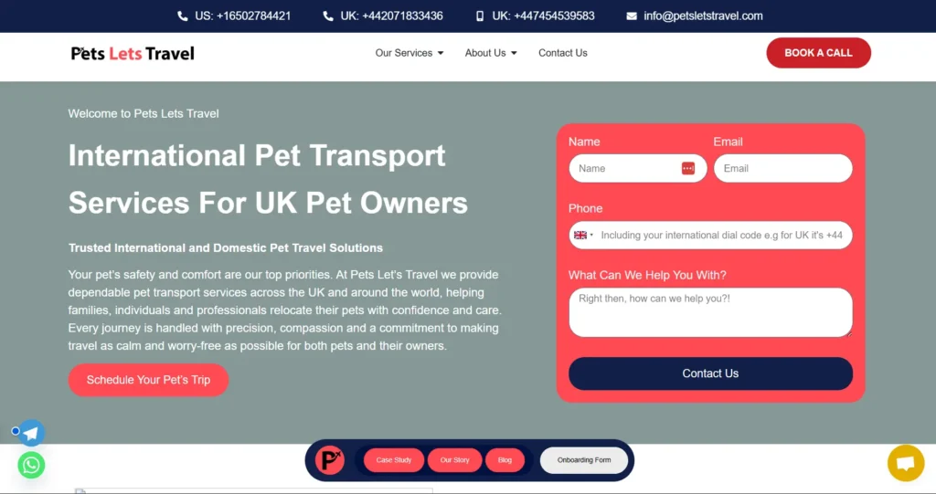 This image is a homepage snippet of Pets Lets Travel - a top-tier international pet transport service.