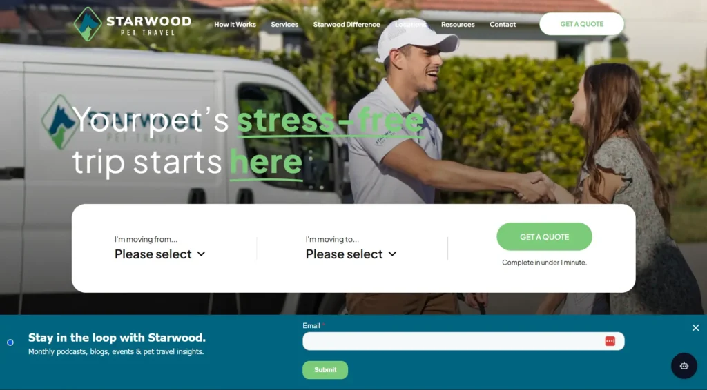 This image is a homepage snippet of Starwood Pet Travel - a trusted international pet transport service.