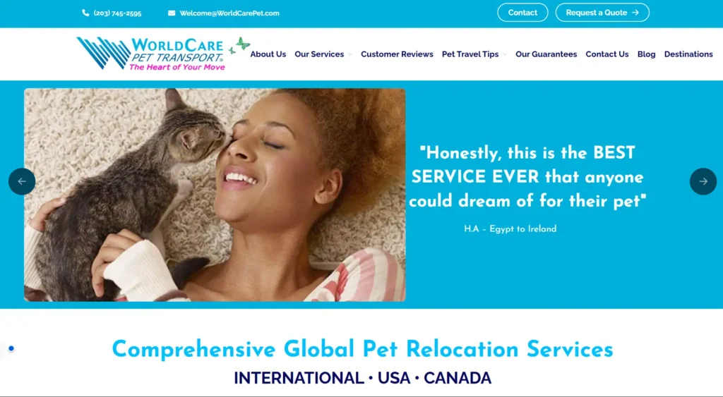 This image is a homepage snippet of WorldCare Pet Transport - a leading provider of emergency animal transport services.