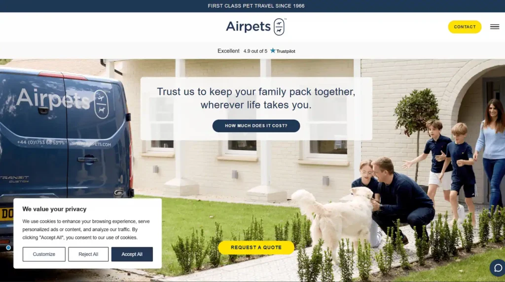 This image is the homepage snippet of Airpets - a premier emergency pet transport company.