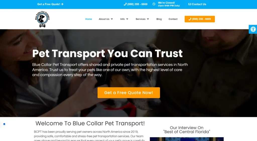 This image is a homepage snippet of Blue Collar Pet - a reliable emergency pet transport company.