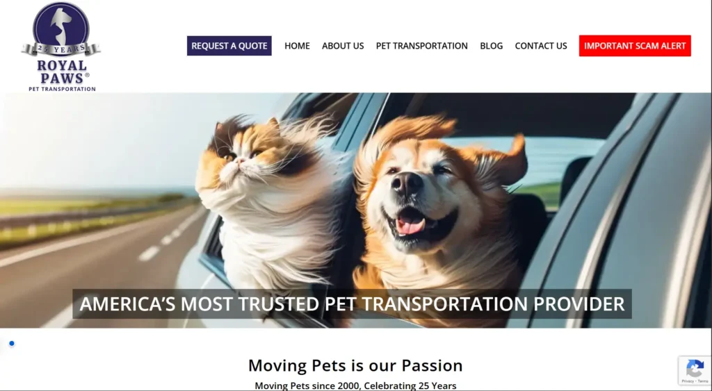 This image is a homepage snippet of Royal Paws - a premier emergency pet transport company.