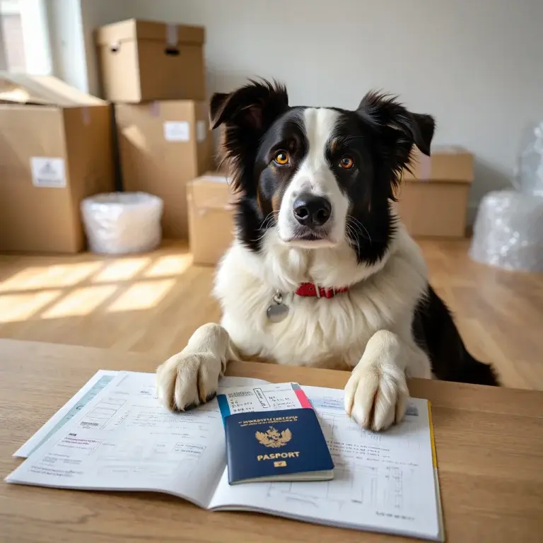 Pet with Travel Documents Border collie with pet passport and relo