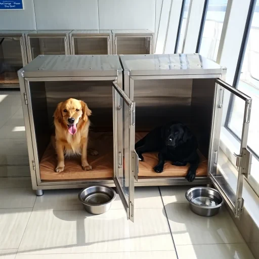 Dogs in ferry pet lounge kennels during crossing
