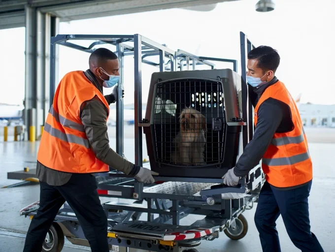 Loading pet crate at airport cargo facility
