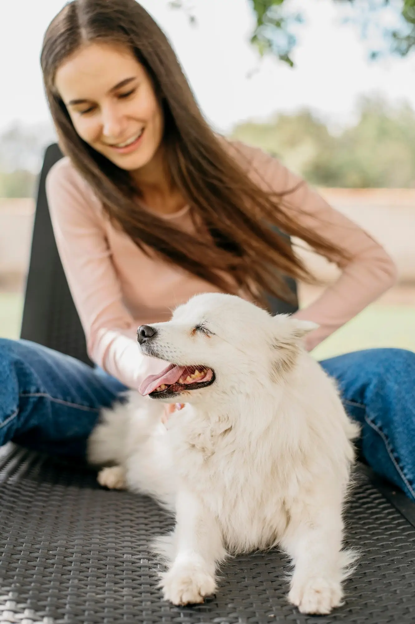 Person sitting with a fluffy dog.