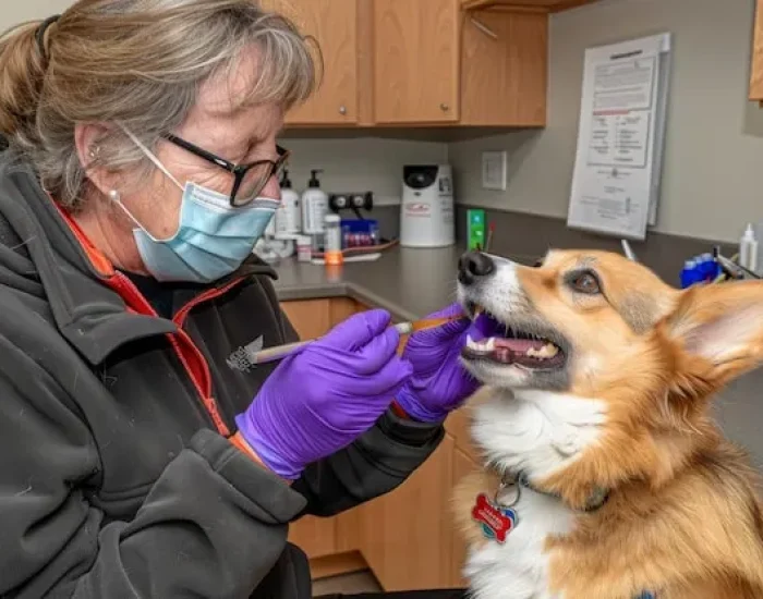 Veterinarian examining a dog's teeth.